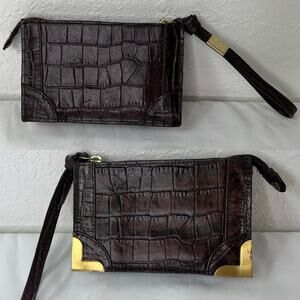 Foley + Corinna Wristlet Leather Bag brown, made in India, croc embossed, casual